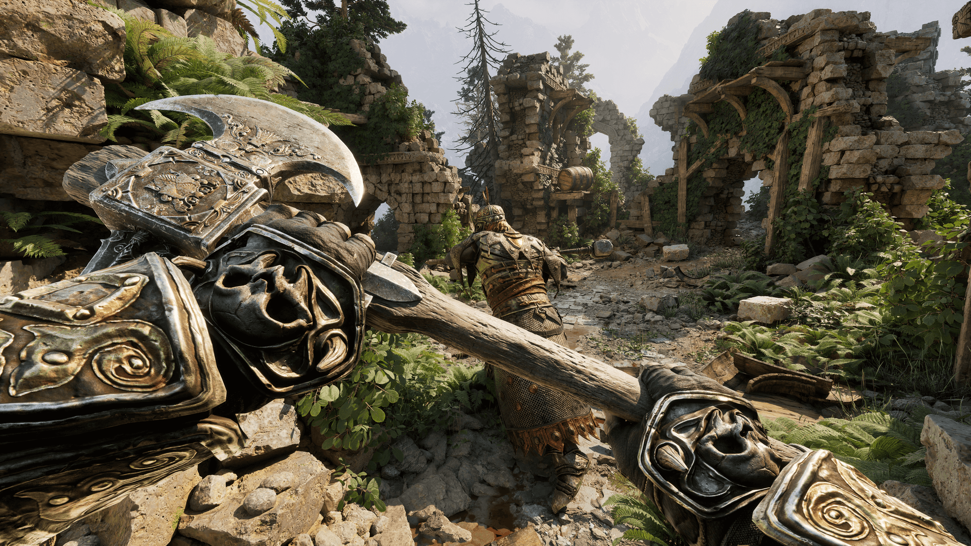 Fatekeeper first-person axe combat in overgrown stone ruins