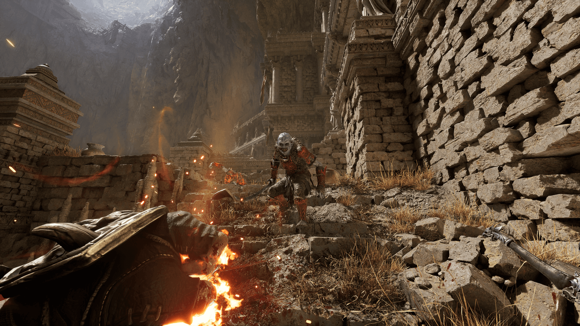 Fatekeeper fire spell encounter against an enemy in ancient ruins