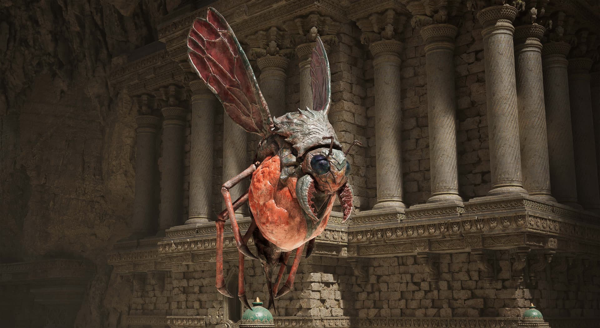 Fatekeeper flying bug enemy in front of ancient stone columns