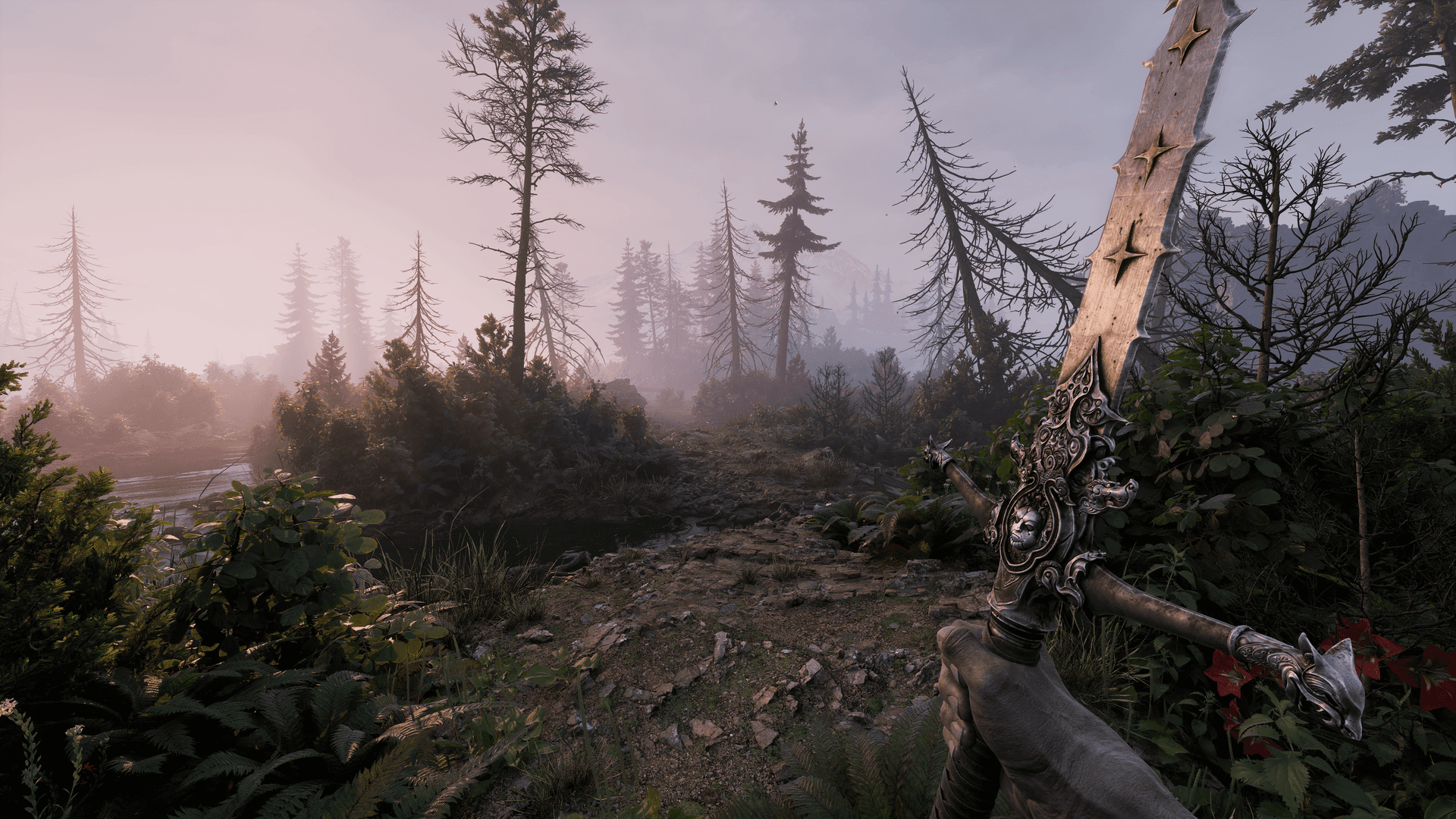 Fatekeeper player holding a blade on a forest exploration path