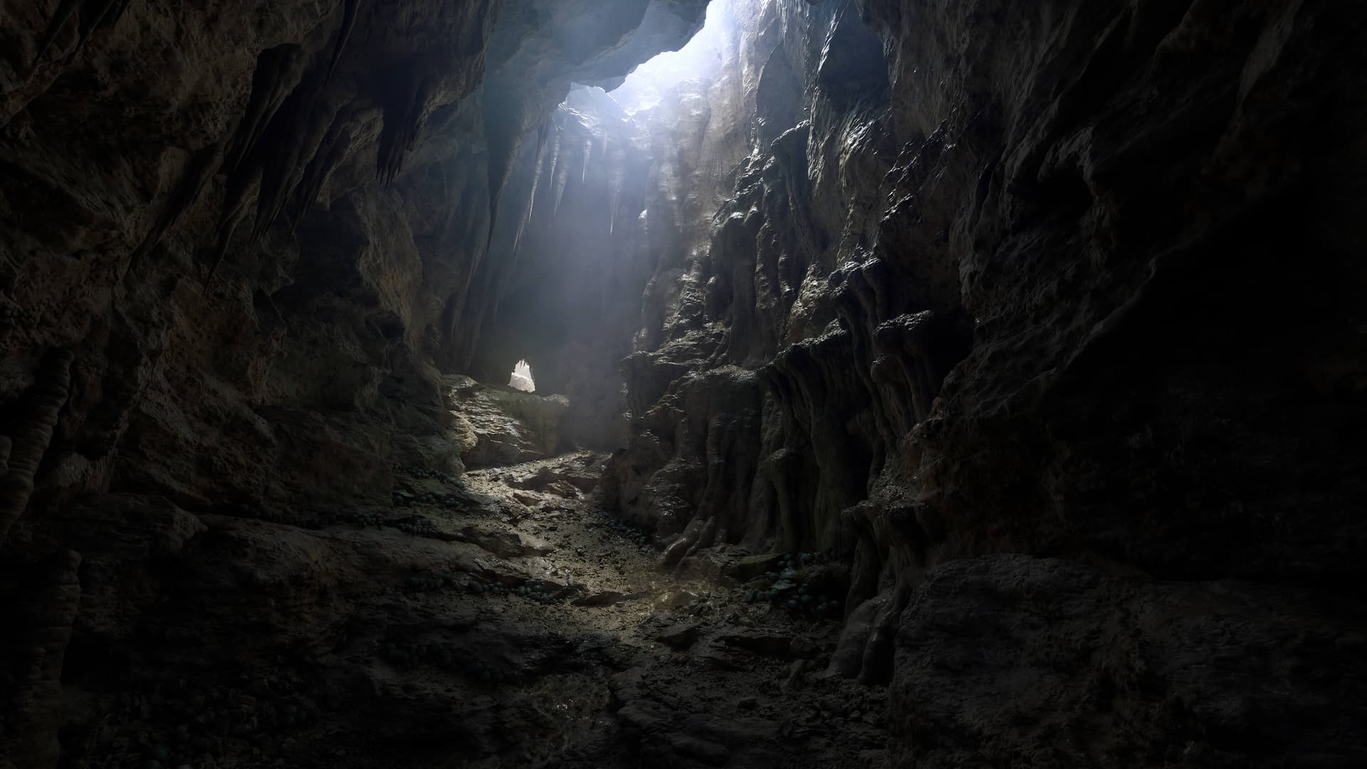 Fatekeeper underground cavern with light entering from an opening above
